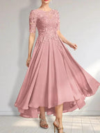 A-line Scoop Illusion Asymmetrical Chiffon Lace Mother of the Bride Dress With Sequins by Dreamylily