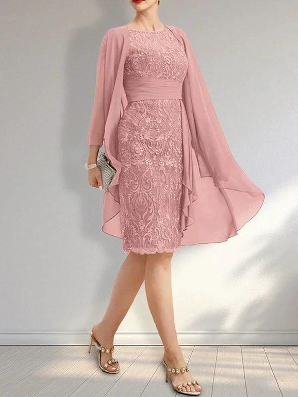 Sheath Scoop Illusion Knee-Length Lace Chiffon Mother of the Bride Dress With Cascading Ruffles Sequins by Dreamylily