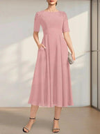 A-line Scoop Tea-Length Chiffon Mother of the Bride Dress With Appliques Lace Sequins by Dreamylily