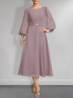A-line Scoop Tea-Length Chiffon Mother of the Bride Dress With Crystal Brooch Pleated by Dreamylily