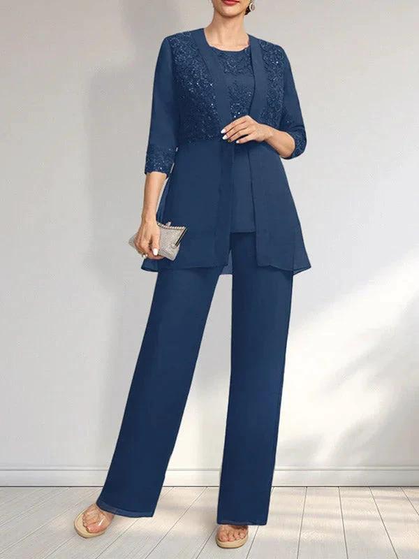 Jumpsuit/Pantsuit Separates Scoop Floor-Length Chiffon Lace Mother of the Bride Dress With Sequins by Dreamylily
