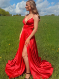 A Line V Neck Red Satin Long Prom Dresses, Red V Neck Long Formal Evening Dresses Y232 by simplepromdress