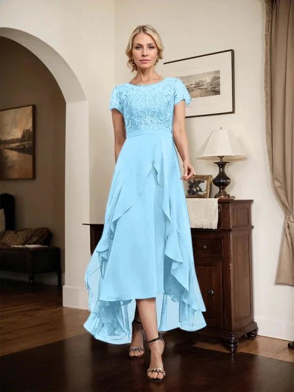 A-line Scoop Illusion Asymmetrical Chiffon Lace Mother of the Bride Dress With Bow Ruffle Sequins by Dreamylily