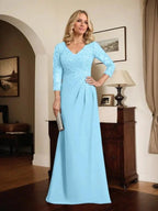 Sheath/Column V-Neck Illusion Floor-Length Lace Chiffon Mother of the Bride Dress With Pleated Sequins by Dreamylily