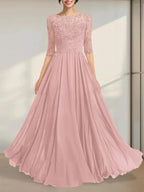 A-line Scoop Illusion Floor-Length Chiffon Lace Mother of the Bride Dress With Pleated Sequins by Dreamylily
