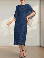 Sheath/Column Scoop Tea-Length Lace Chiffon Mother of the Bride Dress by Dreamylily