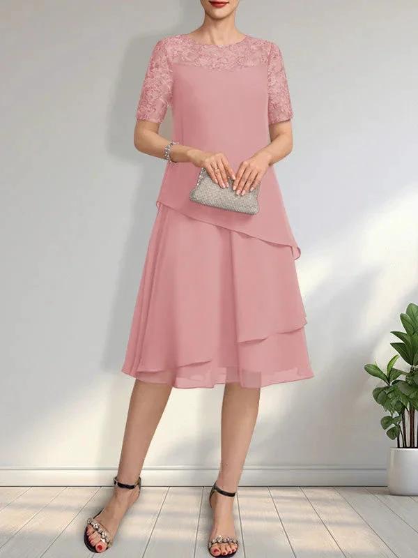 A-line Scoop Illusion Knee-Length Lace Chiffon Mother of the Bride Dress With Sequins by Dreamylily