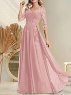 A-line V-Neck Floor-Length Lace Chiffon Mother of the Bride Dress With Sequins by Dreamylily