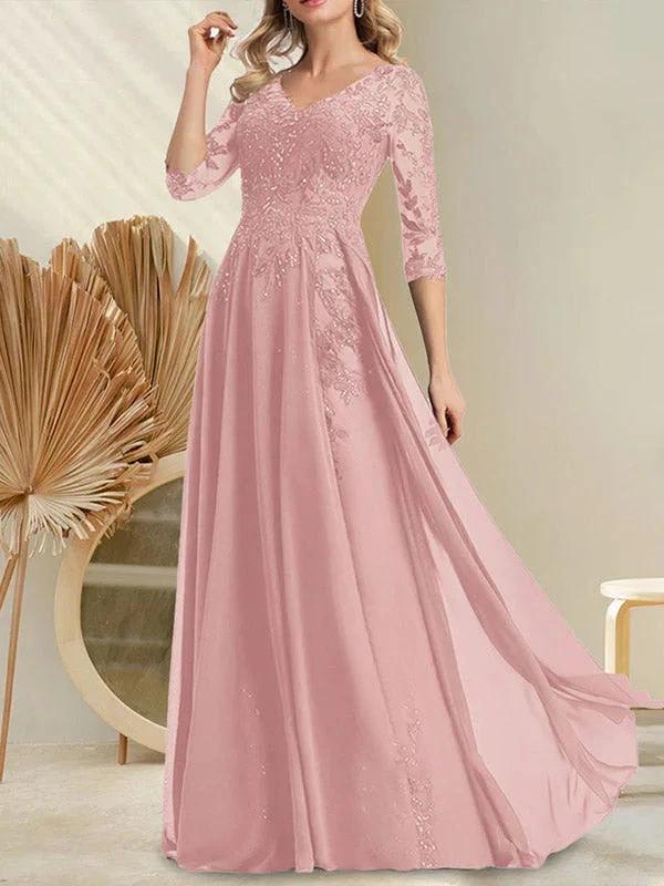 A-line V-Neck Floor-Length Lace Chiffon Mother of the Bride Dress With Sequins by Dreamylily