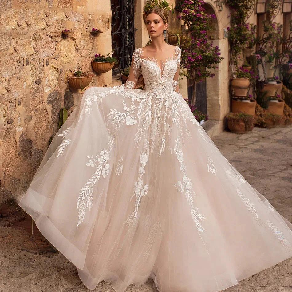 Sexy V-Neck Applique Wedding Dress Lace 2023 Illusion Long Sleeve A-Line Princess Bride Dress Bohemia Vestido De Noiva Women&