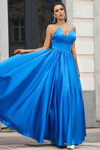Regal Sapphire A-Line Draped V-Neck Backless Prom Dress by BIZTUNNEL