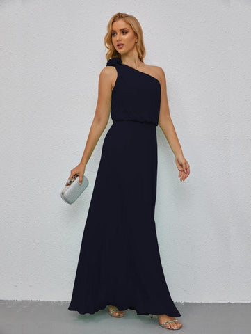 Ruffled One Shoulder Sleeveless Long Bridesmaid Dresses A-line Formal Evening Gown Side Split 28080