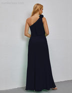 Ruffled One Shoulder Sleeveless Long Bridesmaid Dresses A-line Formal Evening Gown Side Split 28080 by numbersea