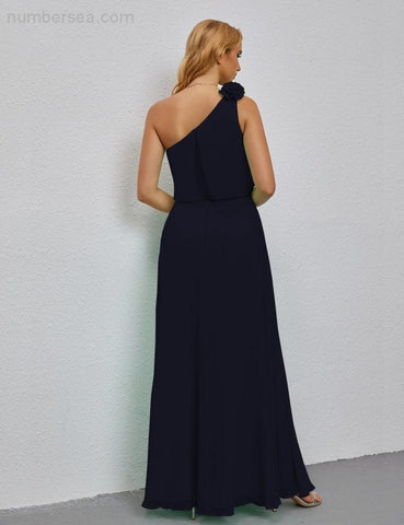 Ruffled One Shoulder Sleeveless Long Bridesmaid Dresses A-line Formal Evening Gown Side Split 28080