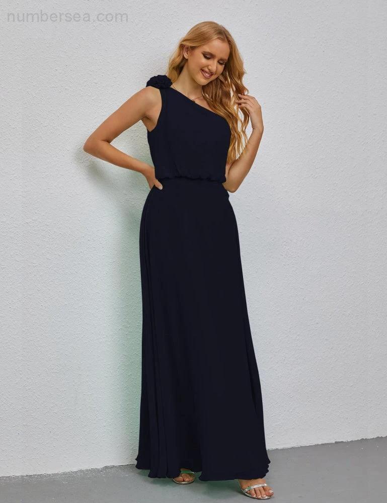 Ruffled One Shoulder Sleeveless Long Bridesmaid Dresses A-line Formal Evening Gown Side Split 28080 by numbersea