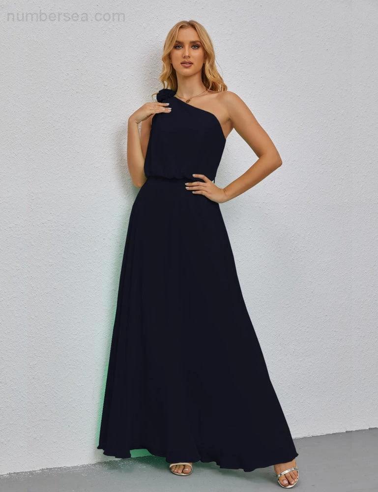 Ruffled One Shoulder Sleeveless Long Bridesmaid Dresses A-line Formal Evening Gown Side Split 28080 by numbersea