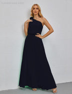 Ruffled One Shoulder Sleeveless Long Bridesmaid Dresses A-line Formal Evening Gown Side Split 28080 by numbersea