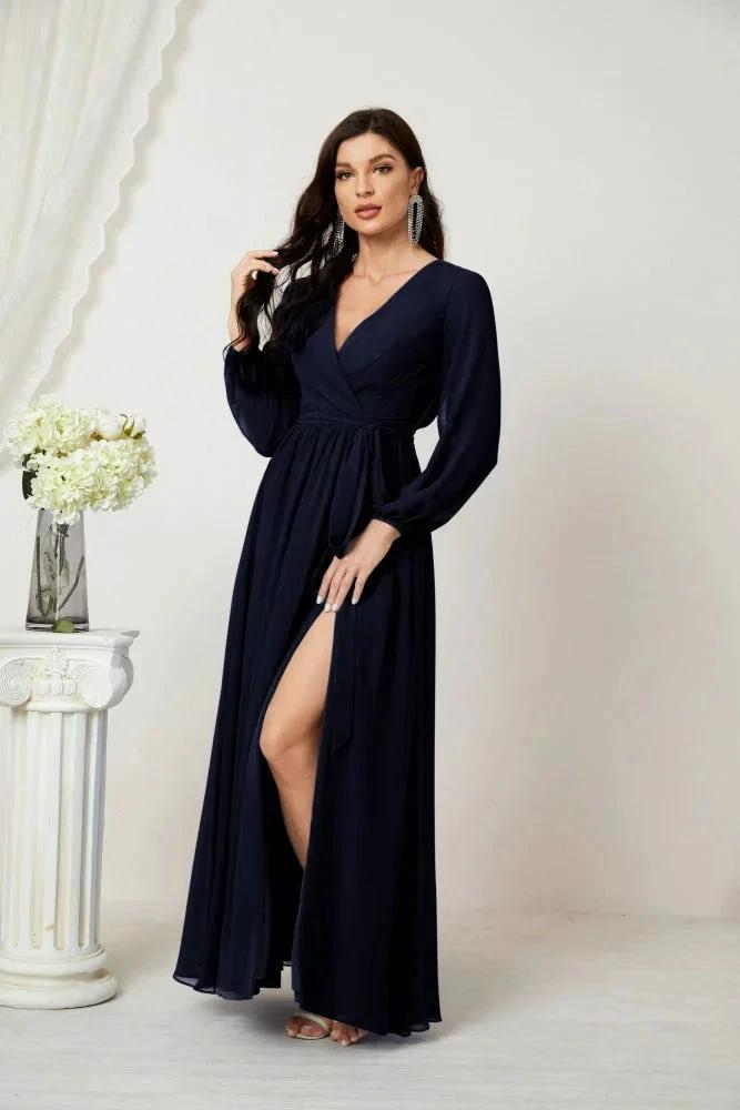 Sunnderly Evening Dresses Deep V-Neck Chiffon Bridesmaid Dresses Long Bishop Sleeve Side Split Formal Dress SY2806 by numbersea