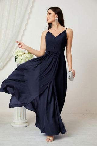 Numbersea Chiffon V-Neck Bridesmaid Dress Spaghetti Strap Long Formal Party Prom Gowns with Slit 28010