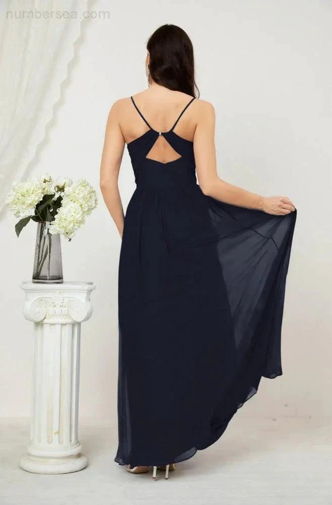 Numbersea Neck Bridesmaid Dresses Chiffon Long Spaghetti A-line Formal Prom Gown for Wedding Party Evening 2801 by numbersea