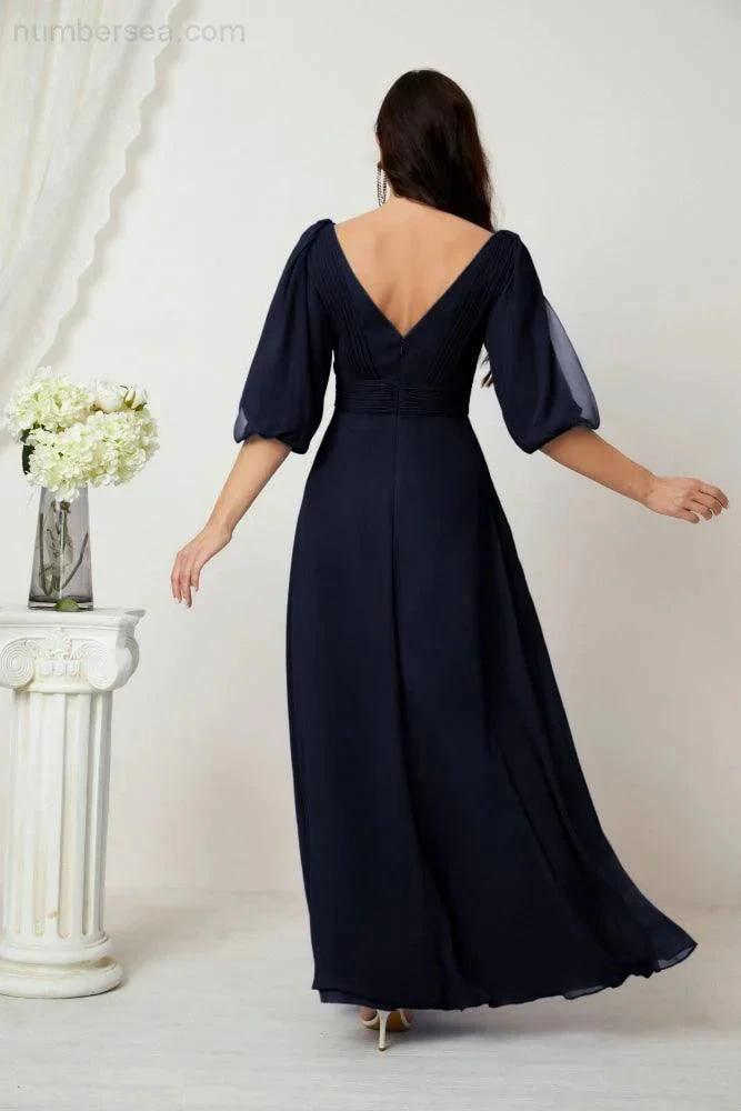 Numbersea Formal Prom Gown Women V-Neck Chiffon Bridesmaid Dresses Long Bishop Sleeve Party Dress 2807 by numbersea
