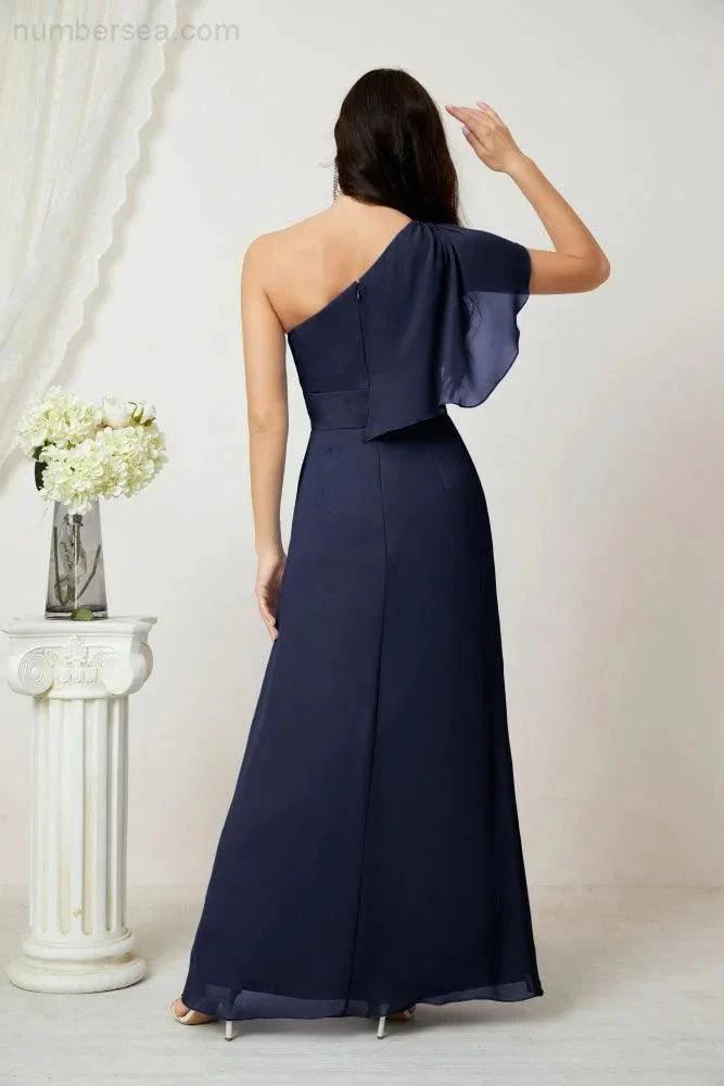 Numbersea Chiffon Ruffled One Shoulder Long Bridesmaid Dresses A-line Formal Evening Gown Side Split 2809 by numbersea