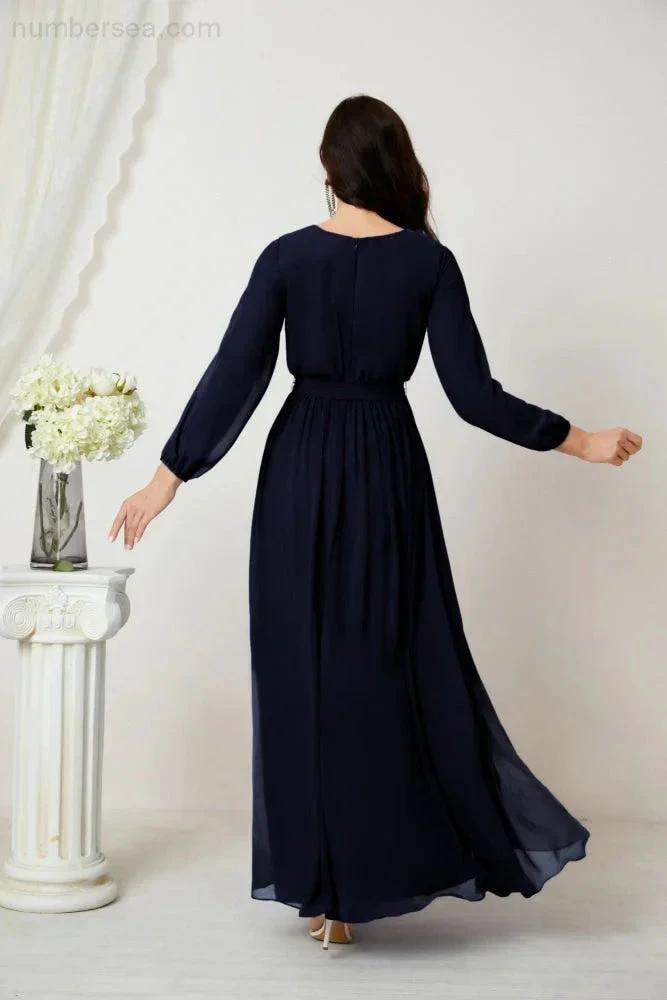 Sunnderly Evening Dresses Deep V-Neck Chiffon Bridesmaid Dresses Long Bishop Sleeve Side Split Formal Dress SY2806 by numbersea