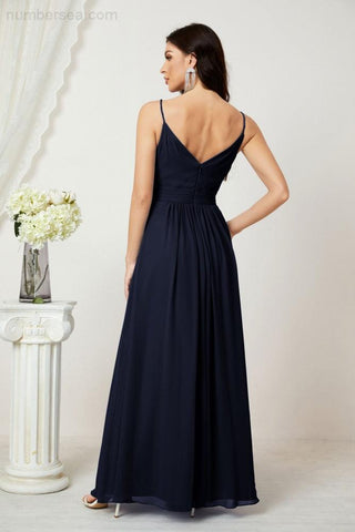 Numbersea Chiffon V-Neck Bridesmaid Dress Spaghetti Strap Long Formal Party Prom Gowns with Slit 28010