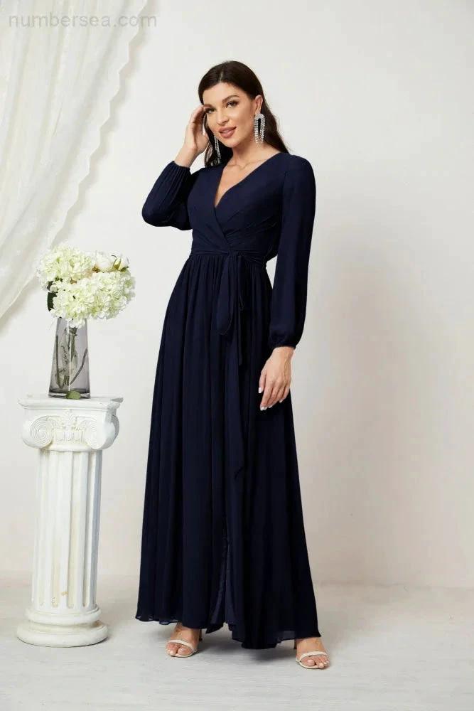 Sunnderly Evening Dresses Deep V-Neck Chiffon Bridesmaid Dresses Long Bishop Sleeve Side Split Formal Dress SY2806 by numbersea