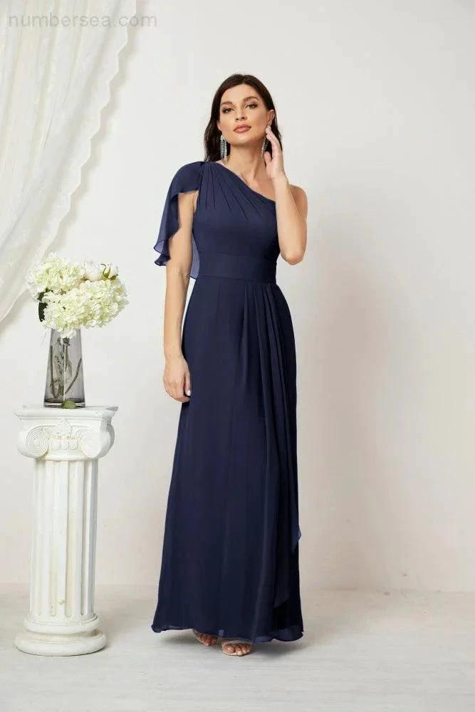 Numbersea Chiffon Ruffled One Shoulder Long Bridesmaid Dresses A-line Formal Evening Gown Side Split 2809 by numbersea