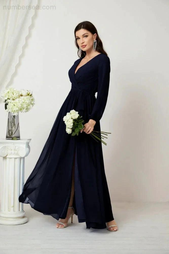 Sunnderly Evening Dresses Deep V-Neck Chiffon Bridesmaid Dresses Long Bishop Sleeve Side Split Formal Dress SY2806 by numbersea