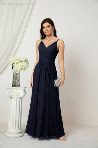 Numbersea Chiffon V-Neck Bridesmaid Dress Spaghetti Strap Long Formal Party Prom Gowns with Slit 28010