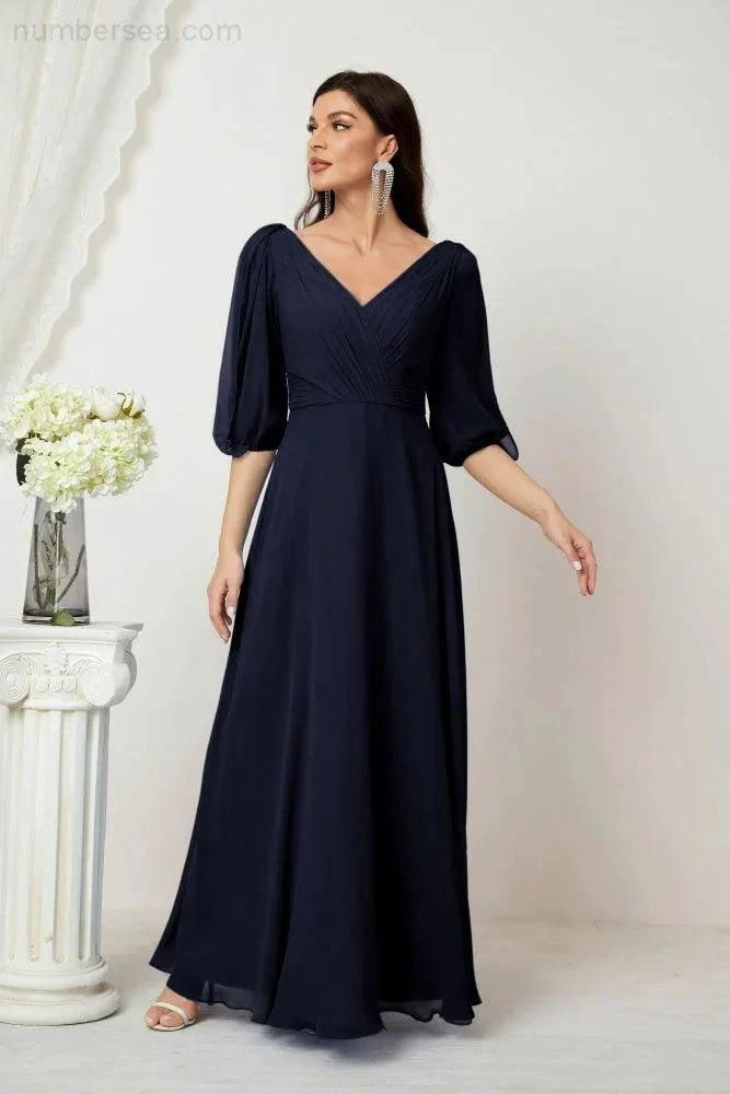 Numbersea Formal Prom Gown Women V-Neck Chiffon Bridesmaid Dresses Long Bishop Sleeve Party Dress 2807 by numbersea