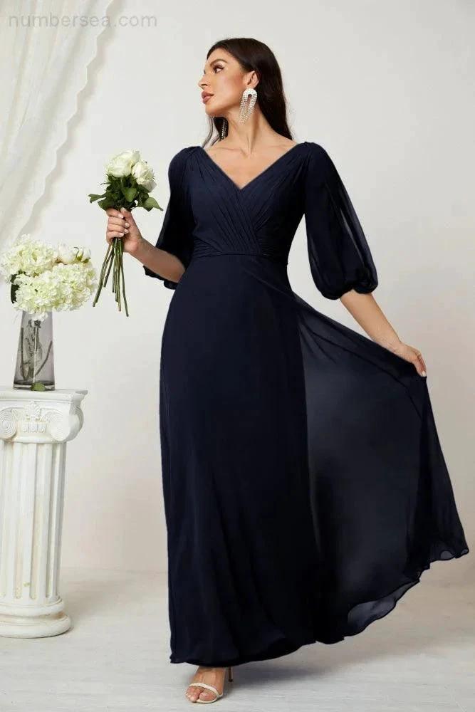 Numbersea Formal Prom Gown Women V-Neck Chiffon Bridesmaid Dresses Long Bishop Sleeve Party Dress 2807 by numbersea