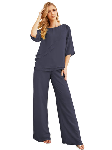Sunnderly Elegant 2 Piece Mother of The Bride Dress Plus Size Pant Suits Ruffle Layers Sliver Housecoat SY28064