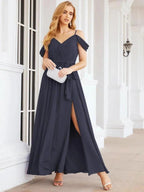 Numbersea Off The Shoulder Chiffon Bridesmaid Dress Long Formal Graduation Gown with Cowl Back 28069 by numbersea