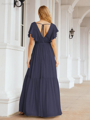 Numbersea Women's Open Back Formal Evening Party Prom Gowns V-Neck Long Chiffon Bridesmaid Dresses with Waist Belt 28038