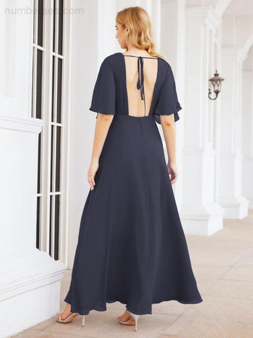 Numbersea V-Neck Bridesmaid Dress Chiffon Long Open Back Formal Dresses for Women Party Evening 28067