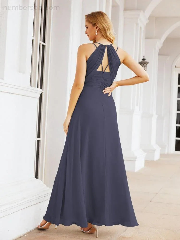 Vestidos de Damas de Honra Numbersea com Alças Duplas de Espaguete para Mulher Vestido Longo Formal para Festa com Fenda Lateral 28051