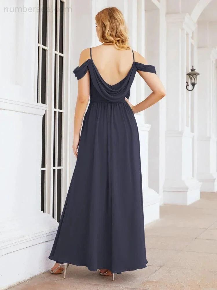 Numbersea Off The Shoulder Chiffon Bridesmaid Dress Long Formal Graduation Gown with Cowl Back 28069 by numbersea