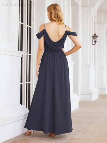 Numbersea Off The Shoulder Chiffon Bridesmaid Dress Long Formal Graduation Gown with Cowl Back 28069