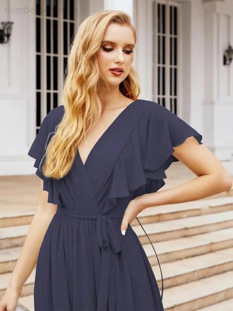 Numbersea Women's Open Back Formal Evening Party Prom Gowns V-Neck Long Chiffon Bridesmaid Dresses with Waist Belt 28038 by numbersea