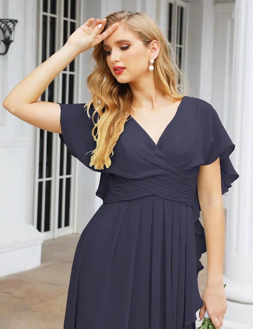 Numbersea Chiffon Bridesmaid Dresses Long Formal Evening Prom Mother of The Bride Dress with Flutter Sleeve SEA28040 by numbersea