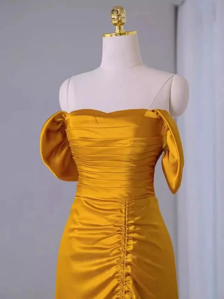 Sheath Off The Shoulder Yellow Pleated Prom Dress Slit Evening Dress Y7598 by simplepromdress