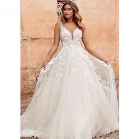 RODDRSYA Boho Elegante Brautkleider Für Frauen 2023 V-ausschnitt Spitze Appliques Brautkleider Backless Mit Knopf Vestidos De Novia 