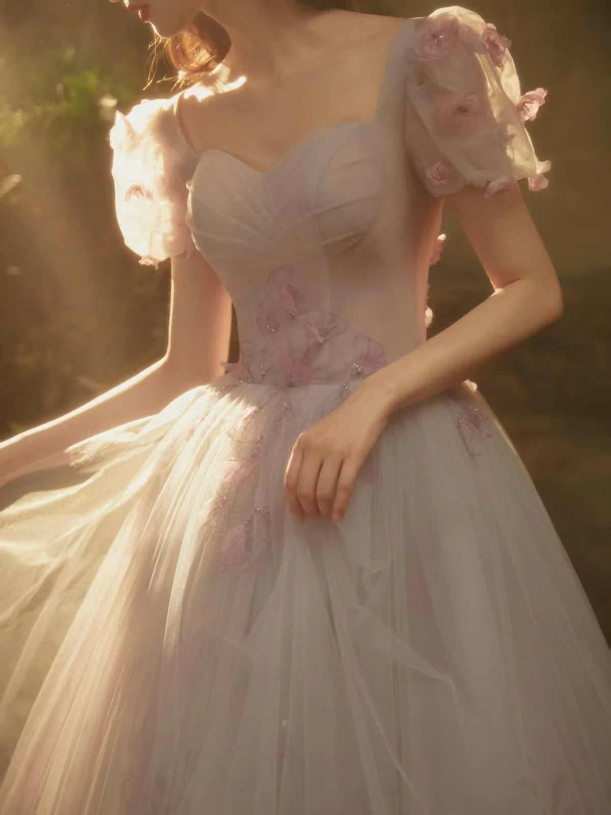 Romantic Lavender-Pink Sweetheart Tulle Ball Gown with 3D Floral Puff Sleeves by ZAPDRESS