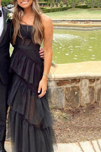 Elegant A-line Layered Tulle Black Prom Dress,Sheer Corset Long Evening Dress,Graduation Dress Y458 by simplepromdress