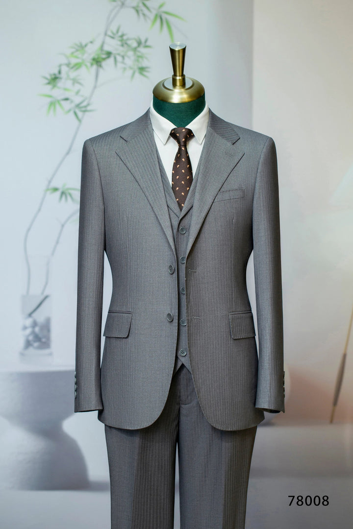 Three-Piece Subtle Pinstripe Grey Wool Suit | Tailored Formal Groom &amp; Business Suit by 男装