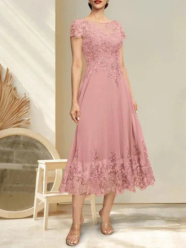 A-line Illusion Scoop Tea-Length Lace Chiffon Mother of the Bride Dress With Sequins by Dreamylily
