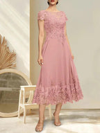 A-line Illusion Scoop Tea-Length Lace Chiffon Mother of the Bride Dress With Sequins by Dreamylily